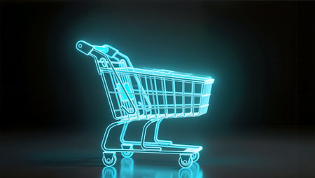A glowing shopping cart appears in a dark digital realm, symbolizing modern commerce.の素材