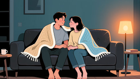 Two people share a warm moment on a couch, wrapped in blankets during the evening.の素材