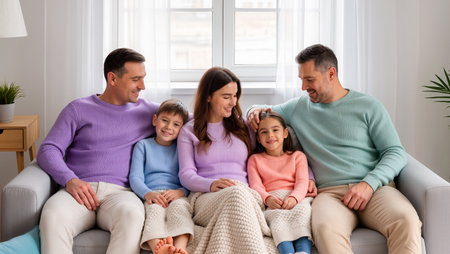 A joyful family sits on a couch, wrapped in warmth and love together.の素材