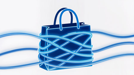 Colorful design of a shopping bag with flowing blue lines representing AI.の素材