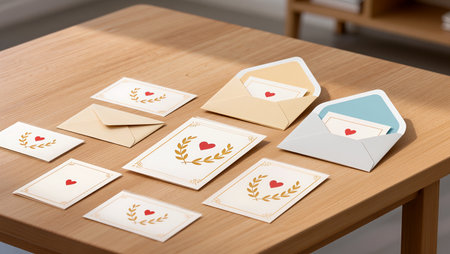 Colorful envelopes and heartfelt cards are neatly displayed on a sunny table.の素材