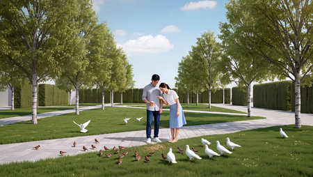 Two people smile as they scatter seeds for birds in a lush, green park.の素材