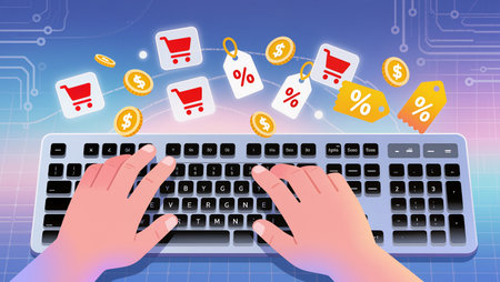 Hands type on a keyboard, surrounded by shopping icons and symbols of discounts emerging.の素材