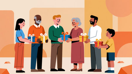 People smile as they share colorful presents in a warm, inviting setting.の素材