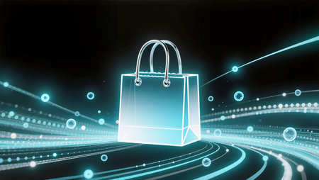 A glowing shopping bag floats amidst dynamic light trails in a dark background.の素材