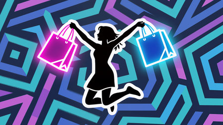 A person leaps with joy while holding colorful shopping bags against a vibrant backdrop.の素材