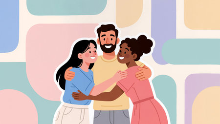 Three friends embrace warmly in a vibrant background, celebrating together in unity.の素材