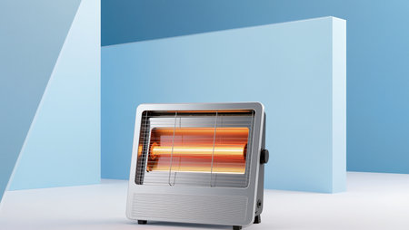 Bright electric heater emits warm light in a soft blue room with clean lines.の素材
