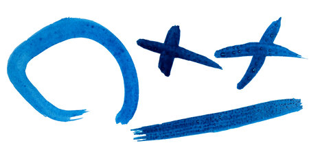 Bright blue paint creates unique shapes on a white background, showingcasing artistry.の写真素材