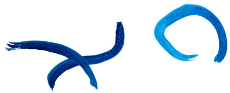 Dynamic blue brush strokes playfully merge on a clean white backdrop.の写真素材
