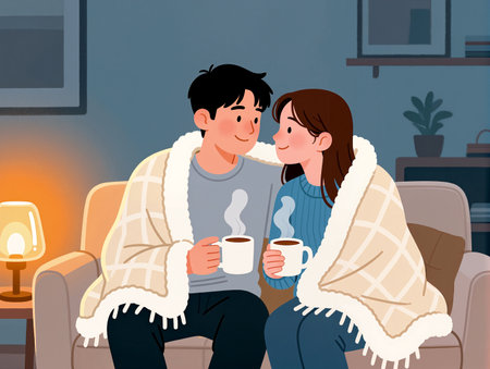 Two people share a moment together, wrapped in blankets, enjoying warm beverages.の素材