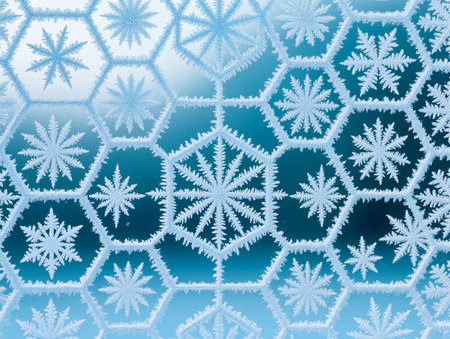 Snowflakes form intricate designs in bright winter hues on frozen surface.の素材