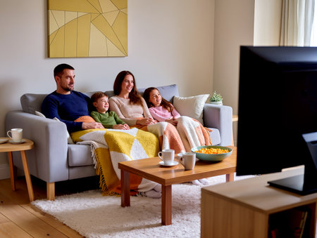 A family sits together on a cozy couch, sharing laughs during movie night.の素材