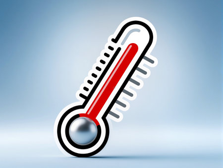 A striking red thermometer shows rising temperature in a calm setting.の素材