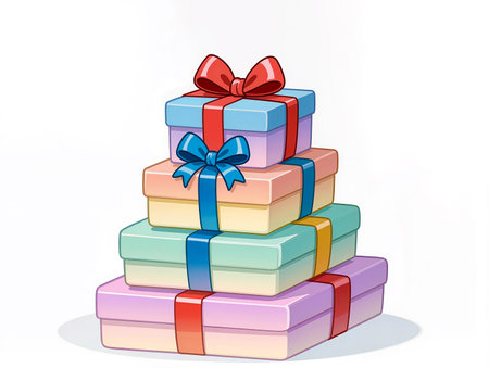 Brightly wrapped gifts in pastel colors stand tall, ready for celebration and joy.の素材