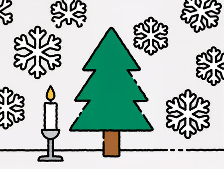 A green tree, a candle, and falling snowflakes create festive holiday cheer.の素材