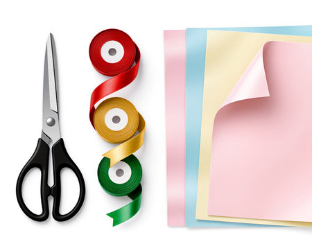 Colorful ribbons and papers arranged neatly for exciting crafting moments.の素材