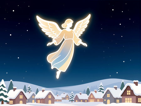 An ethereal angel floats gracefully over a snowy village, illuminating the night sky.の素材