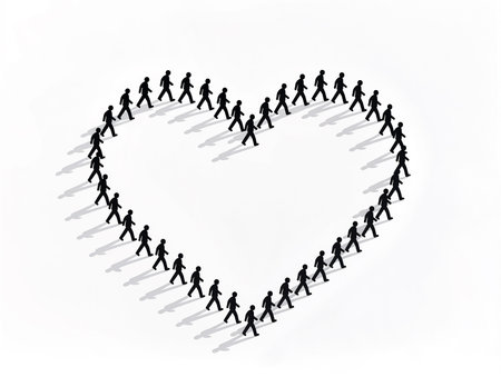A group of individuals joins hands to form a heart shape, symbolizing unity.の素材