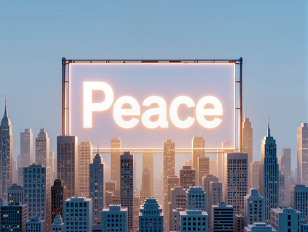 A luminous sign displaying the word peace illuminates the city buildings as dusk falls.の素材