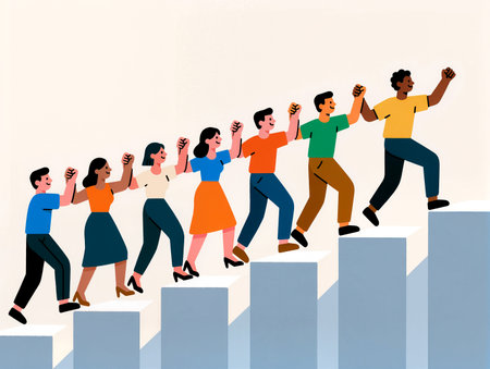 A diverse group of people climbs steps, united in their shared ambition and joy.の素材