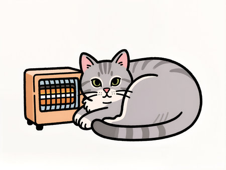 A sweet gray cat enjoys warmth beside a small heater at home.の素材