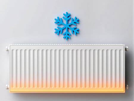 A modern radiator emits warmth while a bright snowflake symbol shows coolness above.の素材