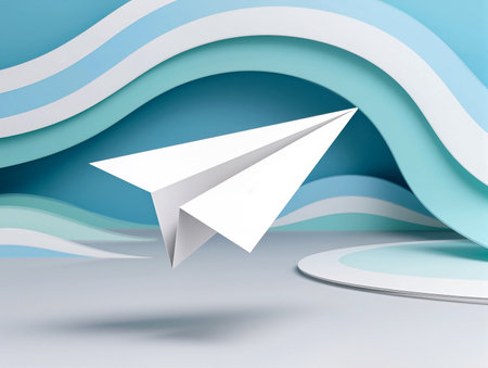 A sleek paper airplane glides gracefully through colorful waves and curves.の素材