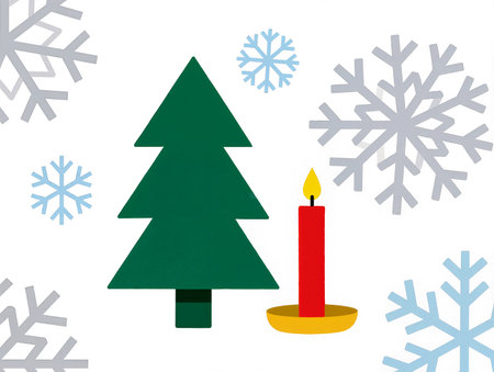 A festive green tree stands beside a warm candle, surrounded by snowflakes.の素材