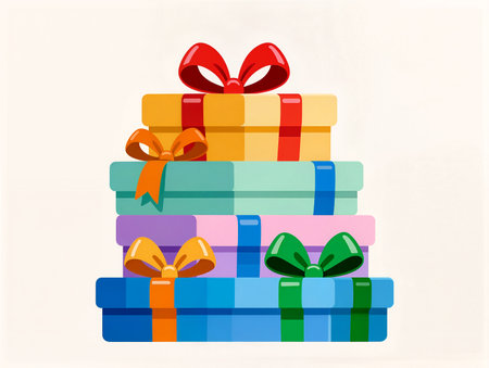 Brightly wrapped gift boxes in various colors create a festive atmosphere full of joy.の素材