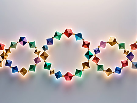 Brightly colored geometric shapes form an engaging pattern against a smooth background.の素材