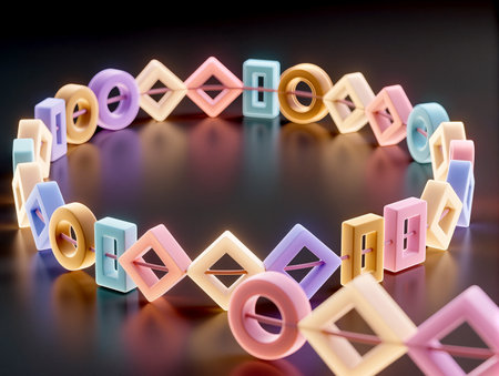 A creative necklace made of colorful geometric shapes shines lightly, catching the eye.の素材