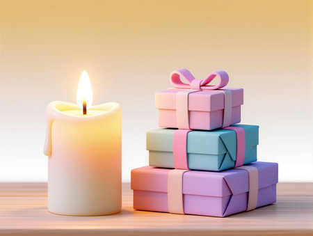 A cozy scene with colorful gifts beside a flickering candle radiates warmth.の素材