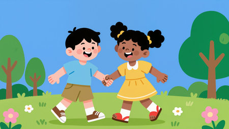 Two happy kids enjoy each other's company while laughing in the park.の素材