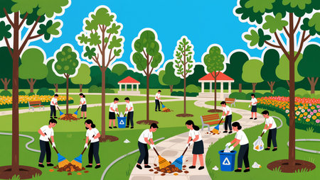 People work together in a vibrant park, picking up litter and improving nature.の素材