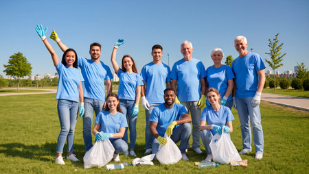 Volunteers come together on a sunny day, smiling and cleaning up the park area.の素材