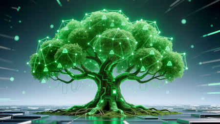 A tall, green tree glows with circuits and symbols, representing harmony.の素材