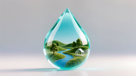A stunning crystal drop displays green hills, trees, and a tranquil river scene inside.の素材