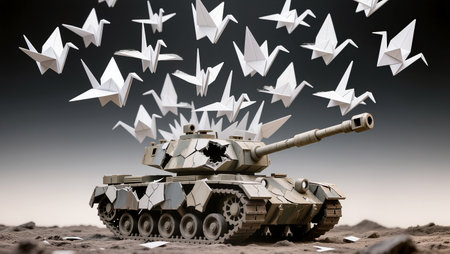 A tank surrounded by floating paper cranes creates a powerful contrast in art.の素材
