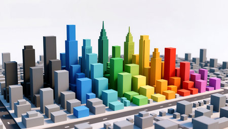 Brightly colored buildings rise in a modern cityscape, blending creativity and structure.の素材