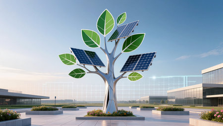 A creative solar tree stands tall, showcasing solar panels against a clear blue sky.の素材
