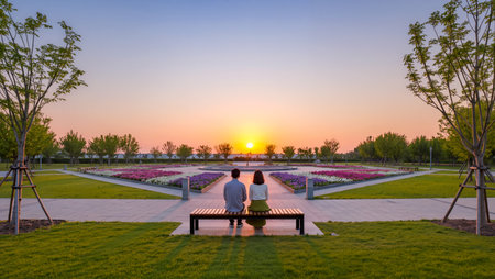 Two people sit on a bench, watching the sunset over a flower-filled park.の素材