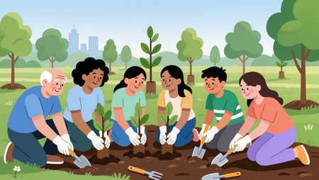 Group of people joyfully planting young trees in a vibrant green park setting.の素材