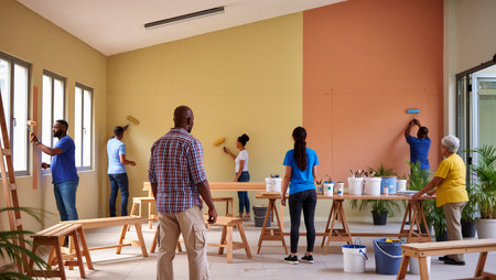 Volunteers work together to transform a dull room with colorful paint and laughter.の素材