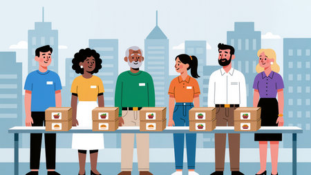 Volunteers joyfully assemble meal boxes together in a bustling urban setting.の素材