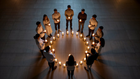 A group of individuals stands in a circle, each holding a candle in quiet reflection.の素材