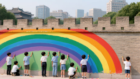 Children happily paint a vibrant rainbow mural on a city wall during a sunny day.の素材