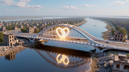 A unique bridge elegantly spans a tranquil river, symbolizing connection and hope.の素材