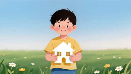 A joyful child smiles while holding a house cutout in a flower-filled meadow.の素材