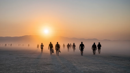 Groups of individuals march forward through a foggy terrain, basking in sunset hues.の素材